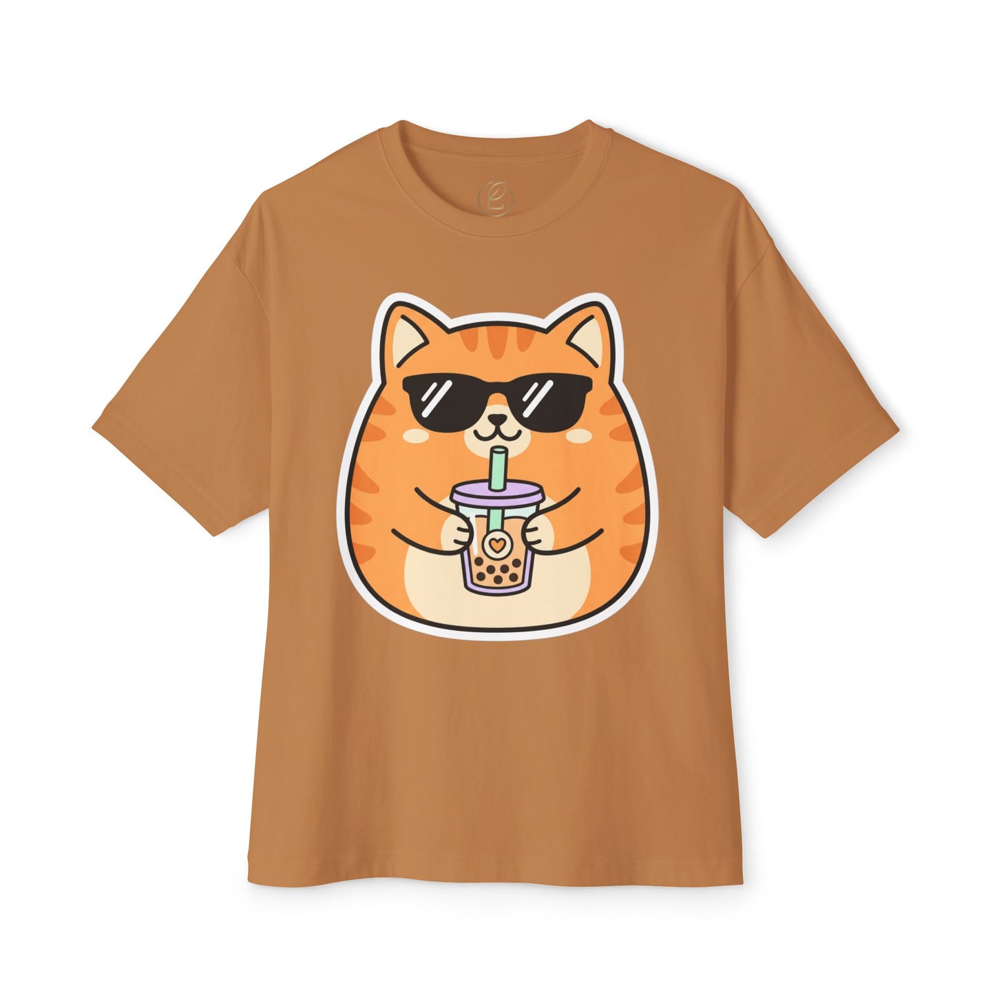 Cute Orange Cat Drinking Bubble Tea T-Shirt — Oversized Boxy Tee