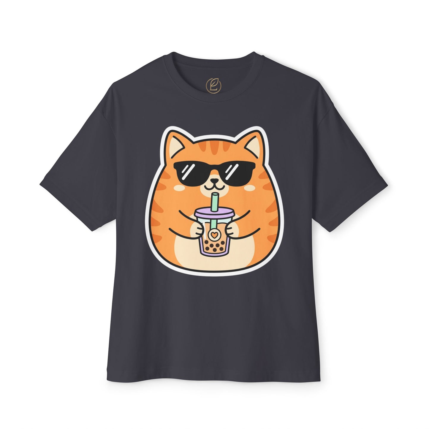 Cute Orange Cat Drinking Bubble Tea T-Shirt — Oversized Boxy Tee