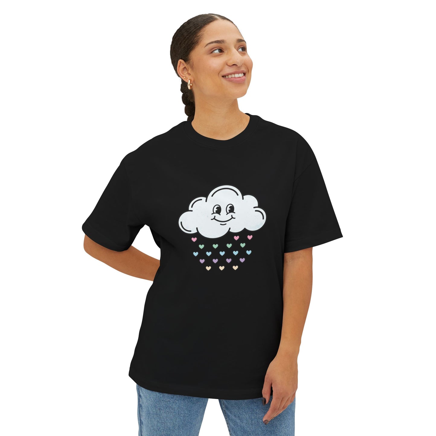 Cloud Smile Tee — Cute Rain of Hearts Oversized T‑Shirt