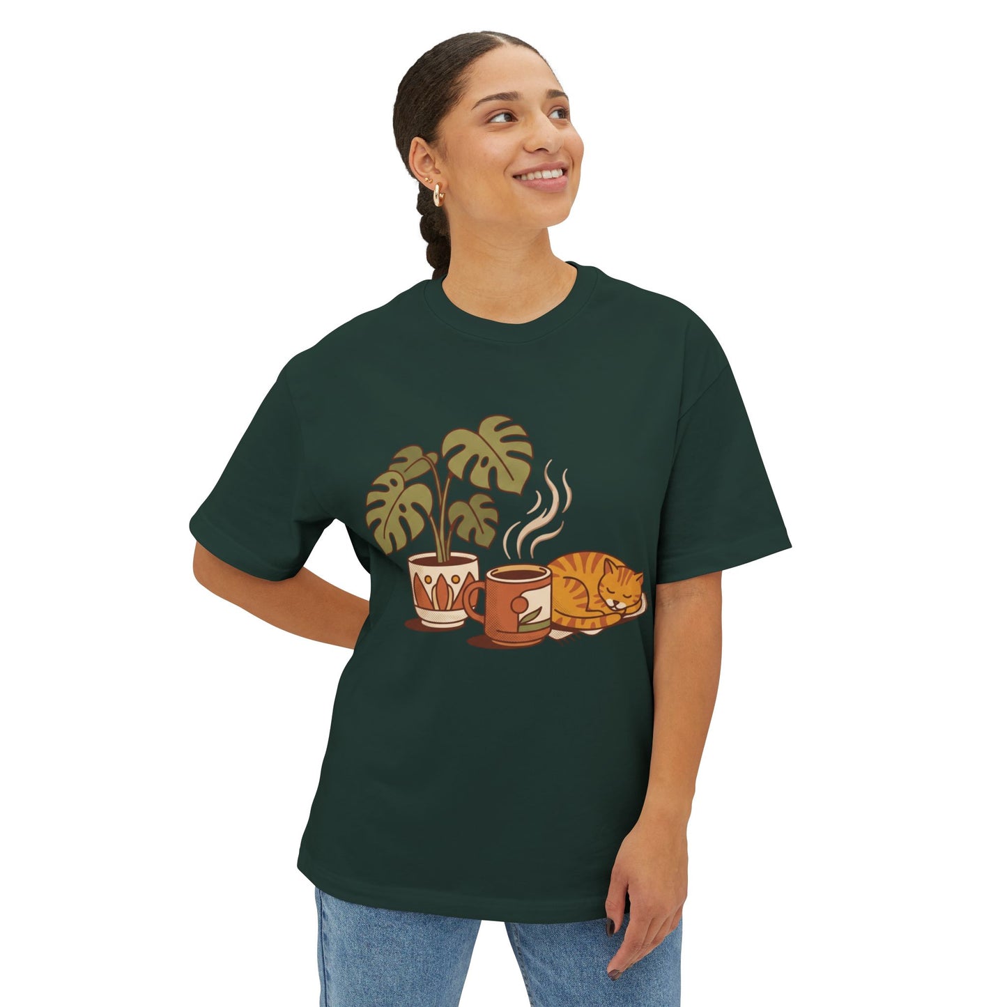 Cozy Cat & Coffee Tee — Cat Sleeping with Plant Graphic Shirt