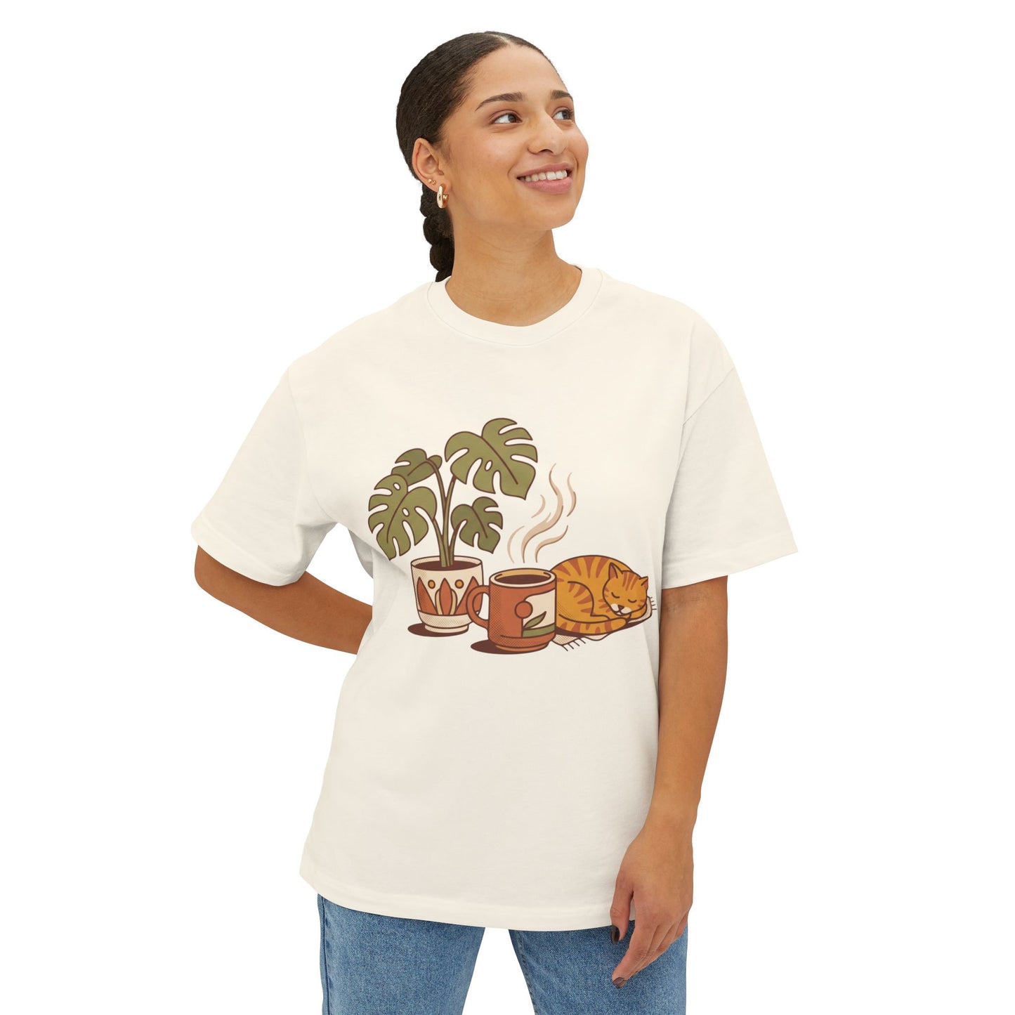 Cozy Cat & Coffee Tee — Cat Sleeping with Plant Graphic Shirt