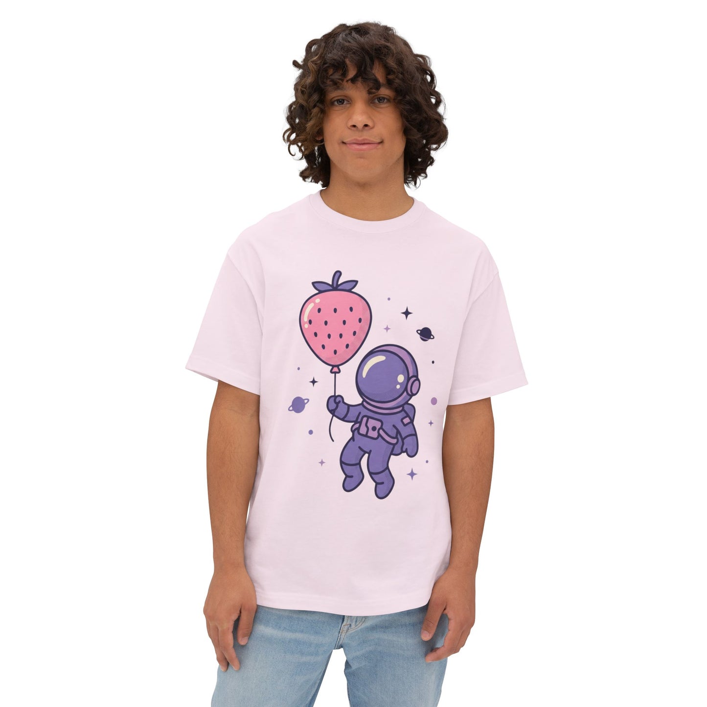 Astronaut Holding Strawberry Balloon Tee — Cute Space Graphic T-Shirt