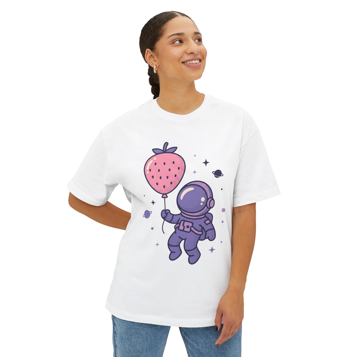 Astronaut Holding Strawberry Balloon Tee — Cute Space Graphic T-Shirt