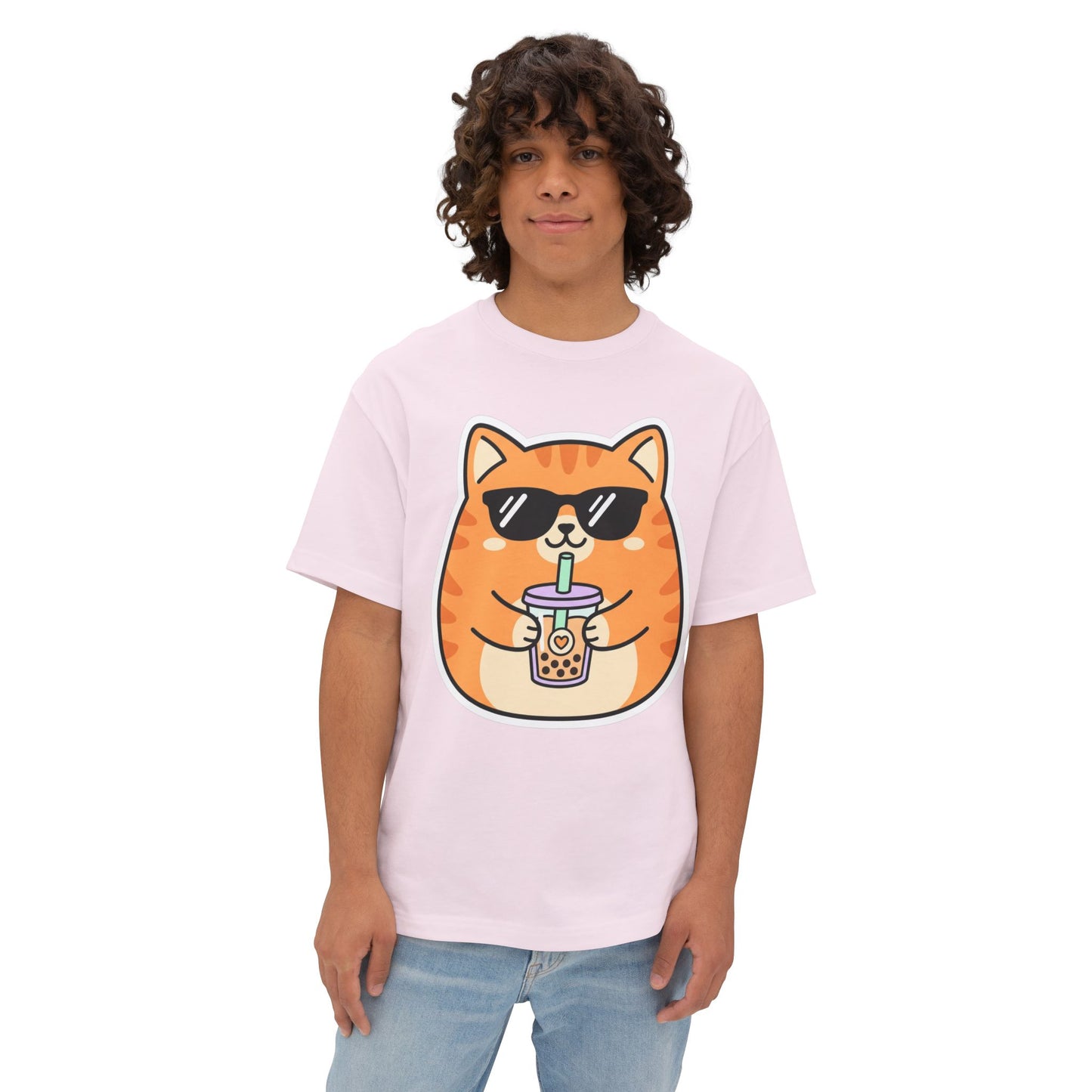 Cute Orange Cat Drinking Bubble Tea T-Shirt — Oversized Boxy Tee