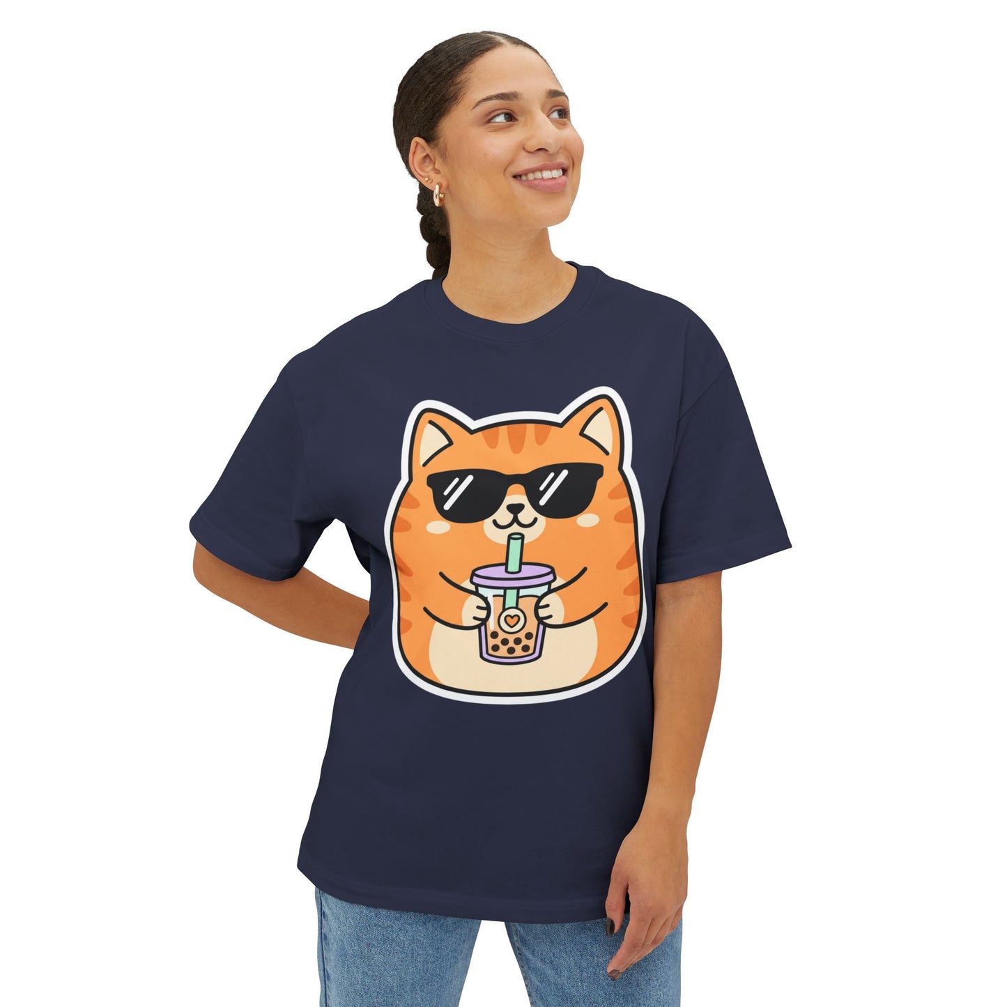 Cute Orange Cat Drinking Bubble Tea T-Shirt — Oversized Boxy Tee