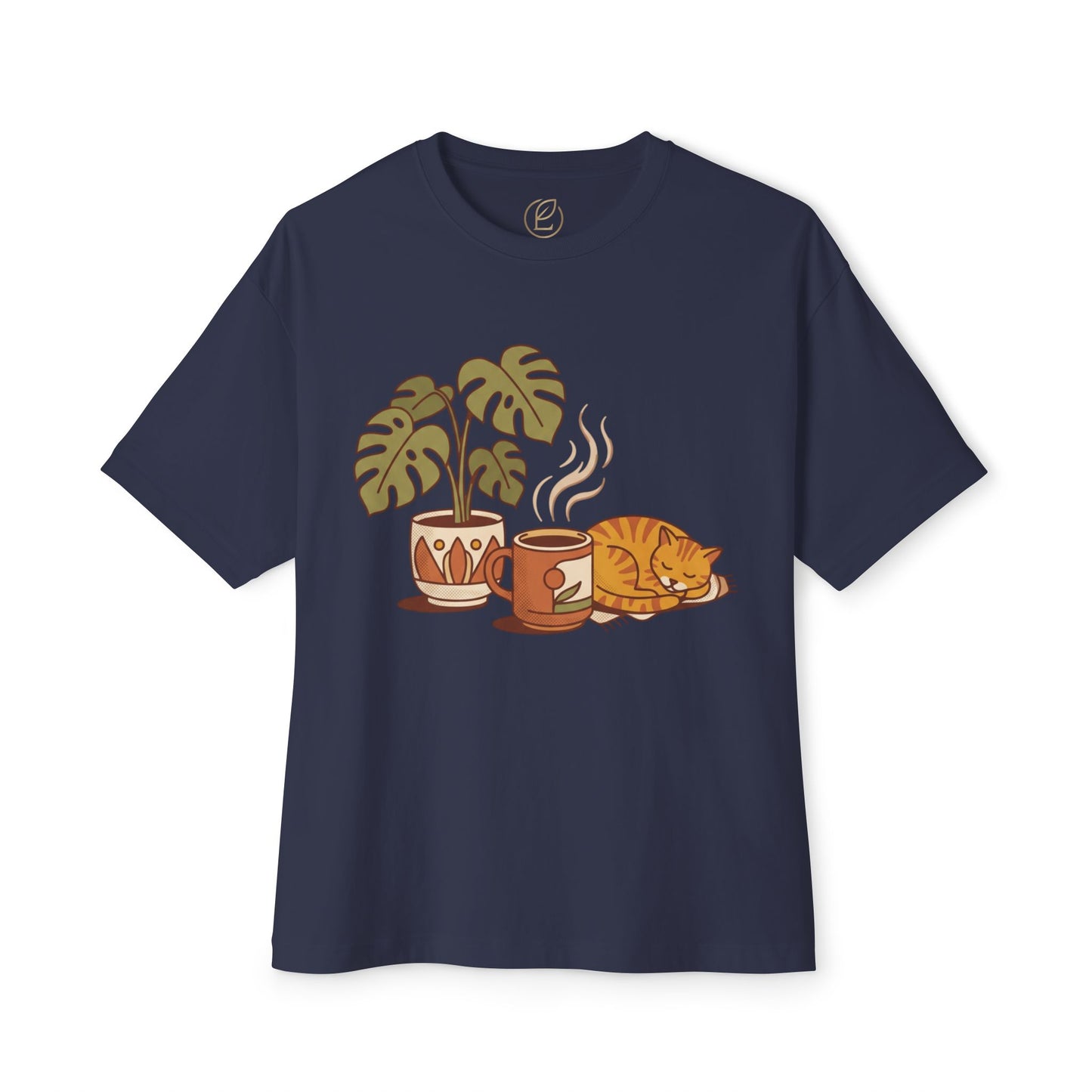 Cozy Cat & Coffee Tee — Cat Sleeping with Plant Graphic Shirt