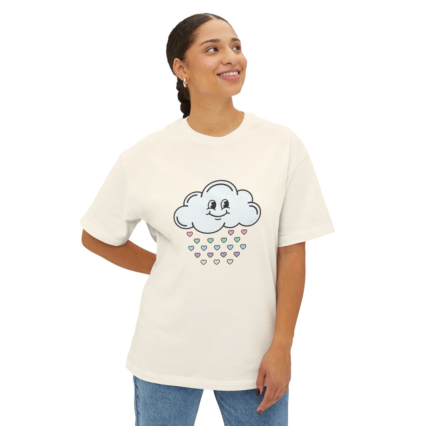 Cloud Smile Tee — Cute Rain of Hearts Oversized T‑Shirt