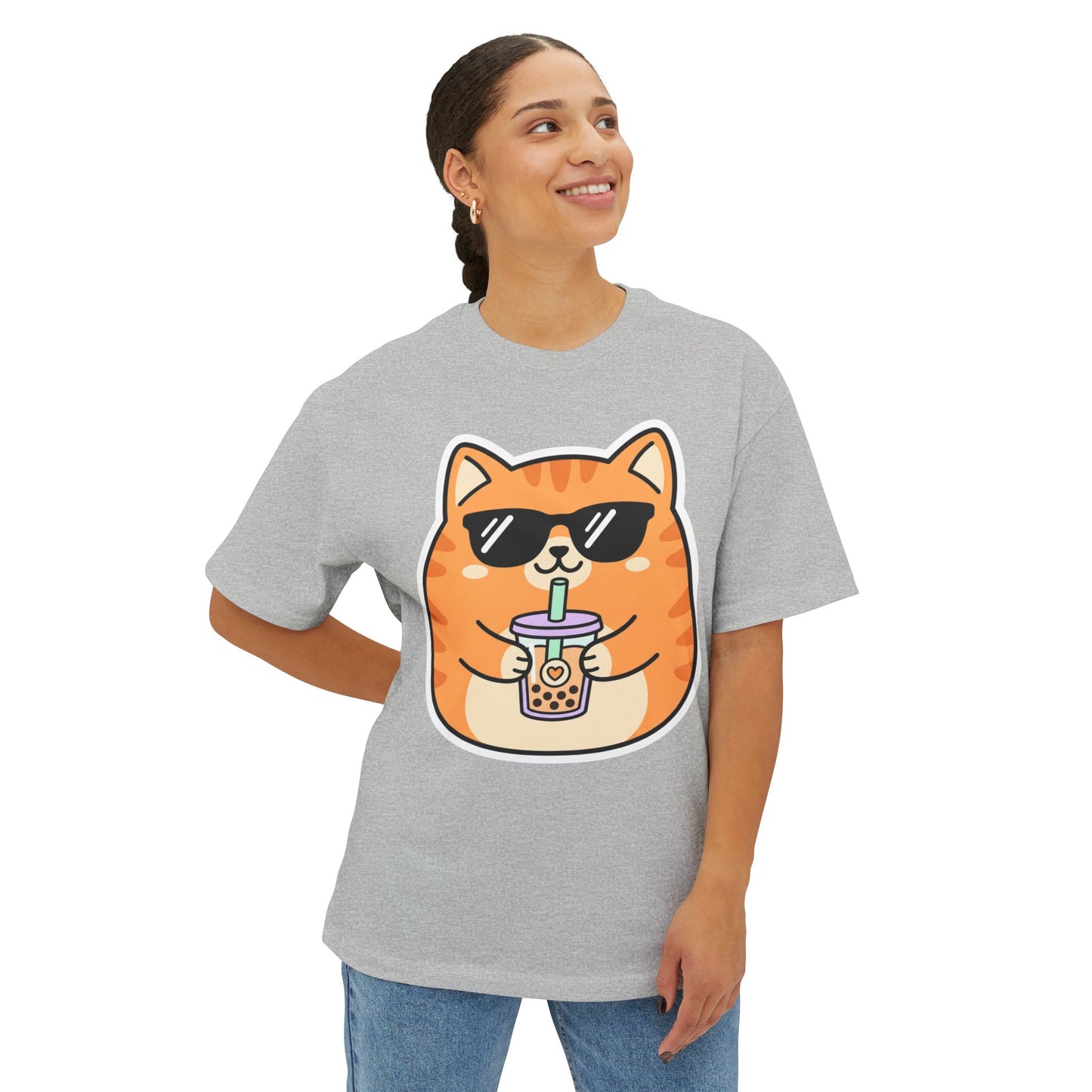 Cute Orange Cat Drinking Bubble Tea T-Shirt — Oversized Boxy Tee
