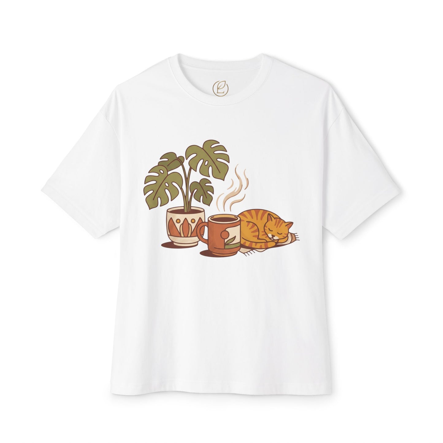 Cozy Cat & Coffee Tee — Cat Sleeping with Plant Graphic Shirt