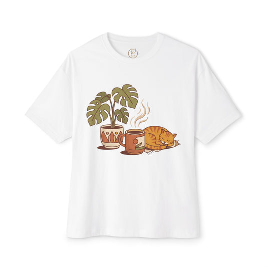 Cozy Cat & Coffee Tee — Cat Sleeping with Plant Graphic Shirt