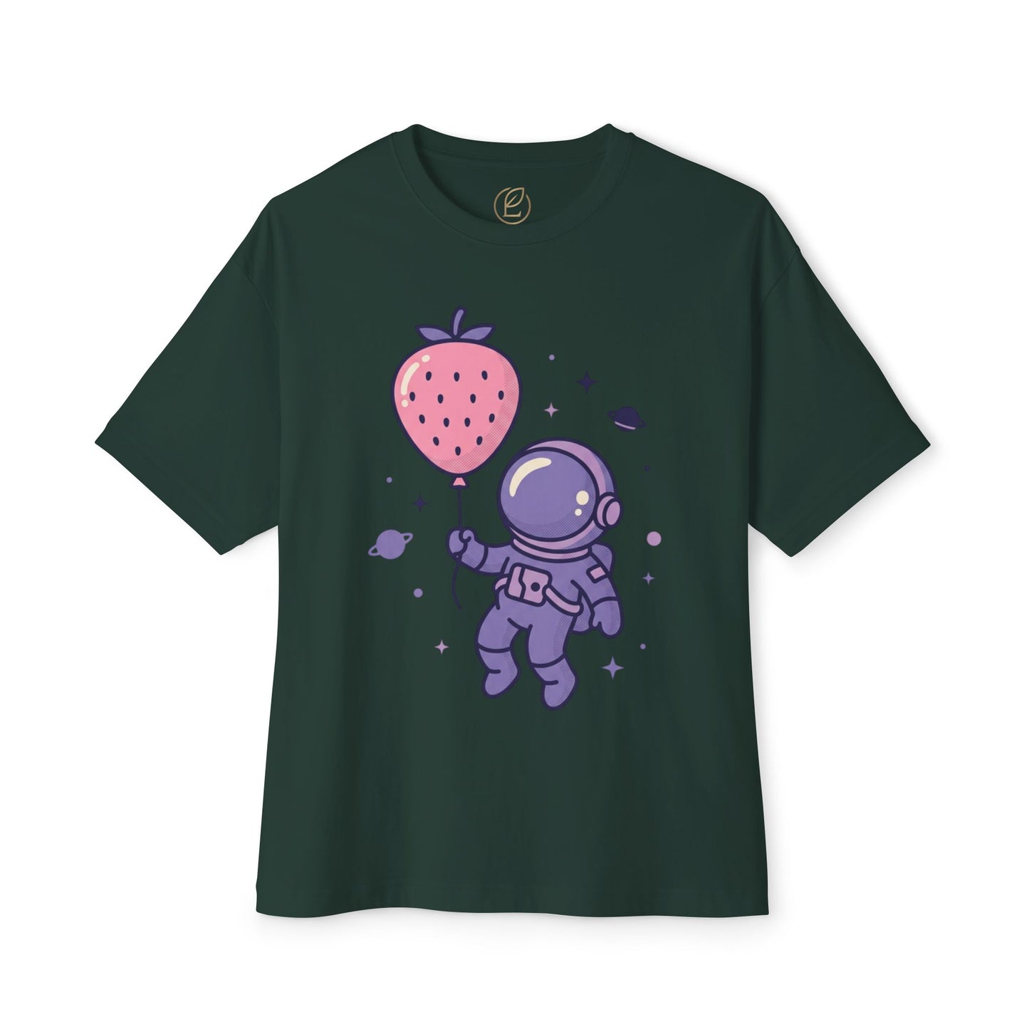Astronaut Holding Strawberry Balloon Tee — Cute Space Graphic T-Shirt