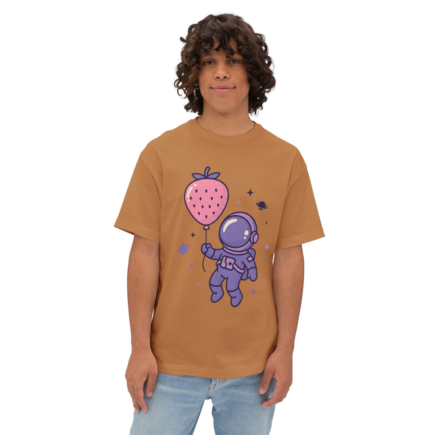 Astronaut Holding Strawberry Balloon Tee — Cute Space Graphic T-Shirt