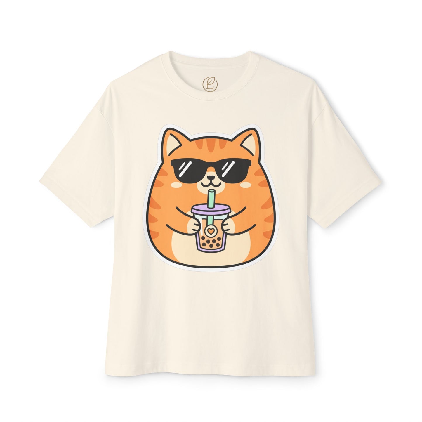 Cute Orange Cat Drinking Bubble Tea T-Shirt — Oversized Boxy Tee