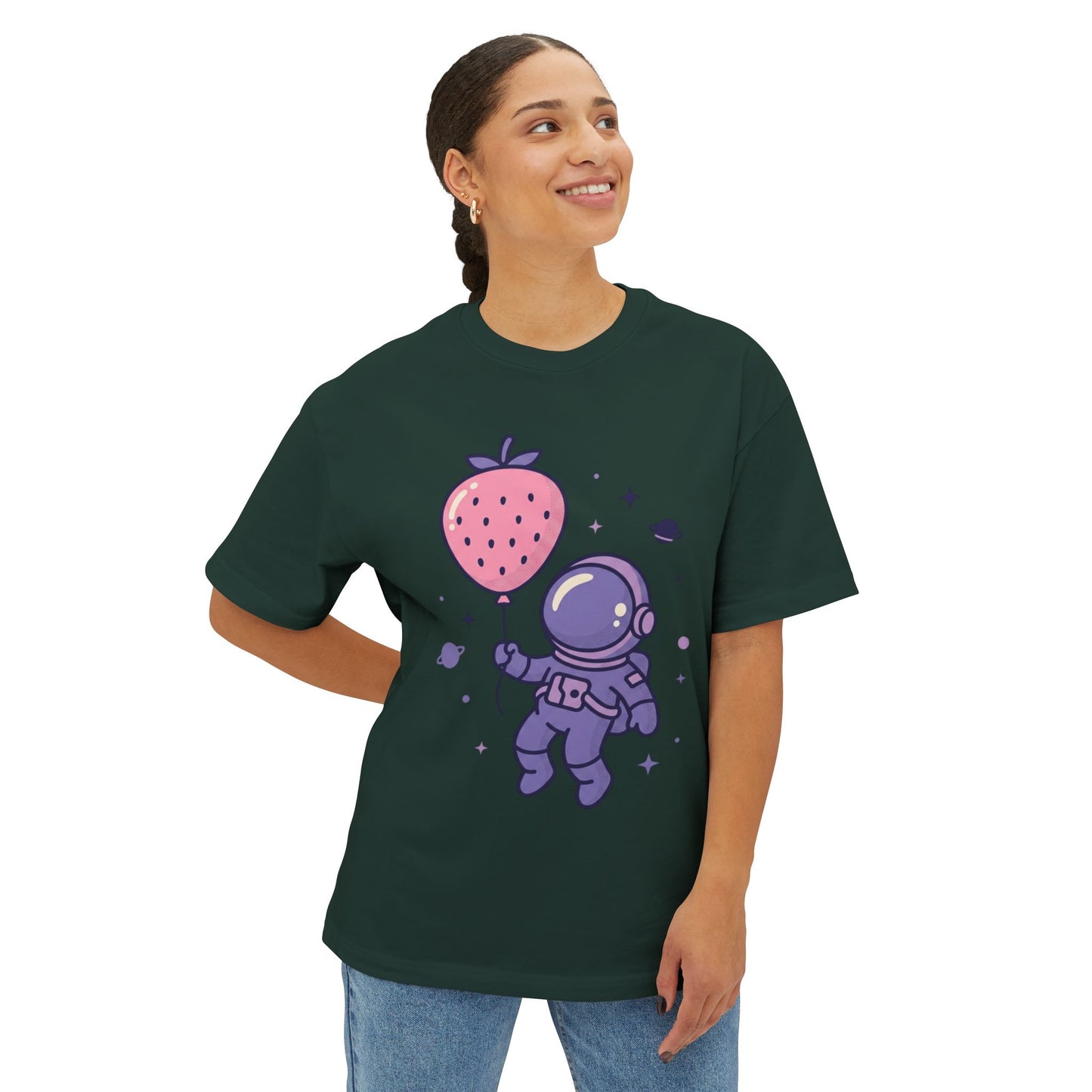 Astronaut Holding Strawberry Balloon Tee — Cute Space Graphic T-Shirt