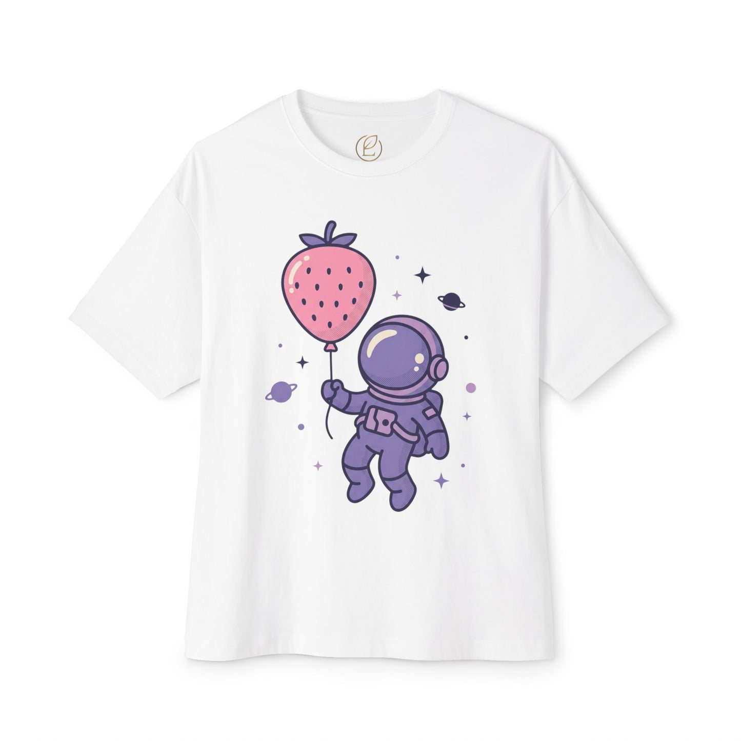 Astronaut Holding Strawberry Balloon Tee — Cute Space Graphic T-Shirt