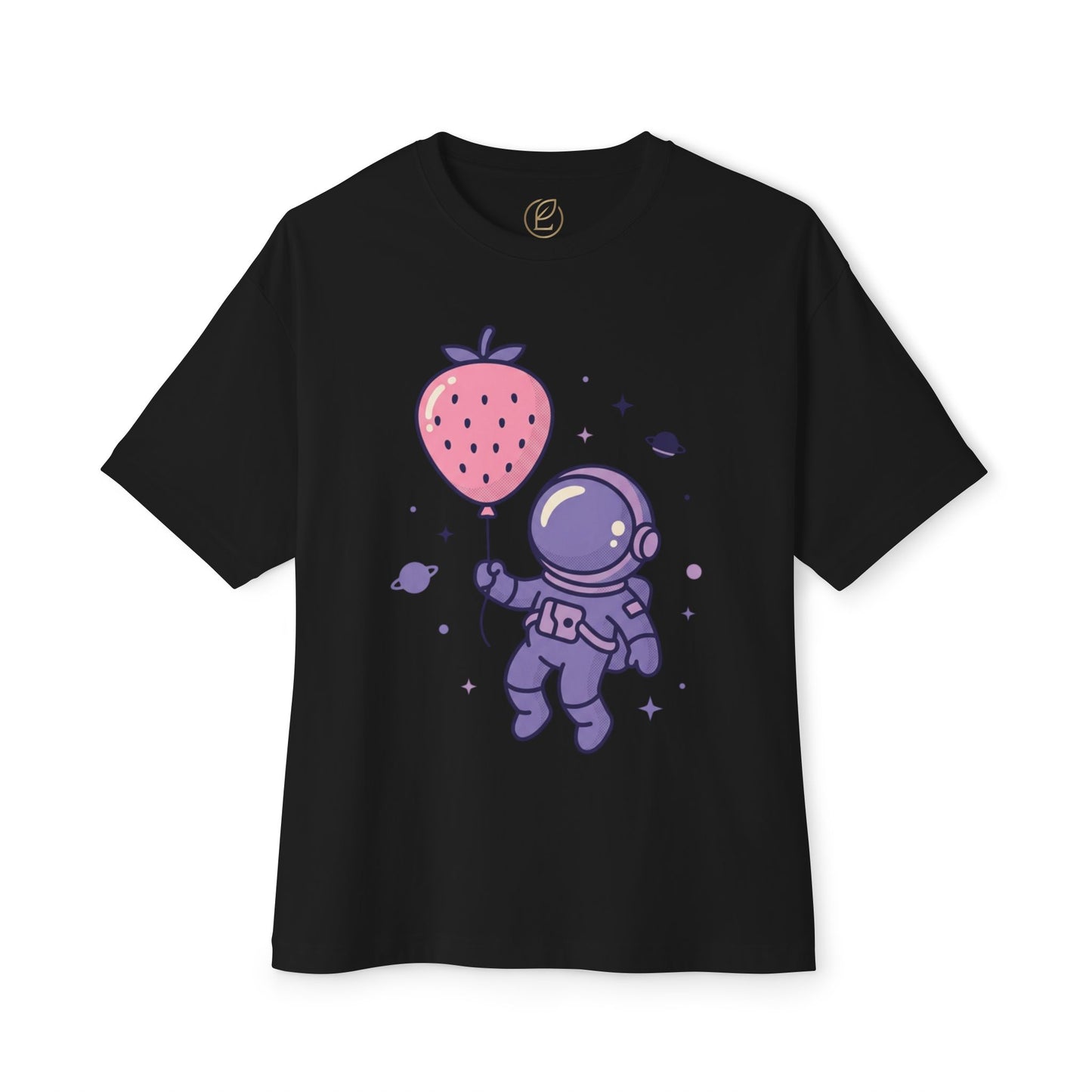 Astronaut Holding Strawberry Balloon Tee — Cute Space Graphic T-Shirt