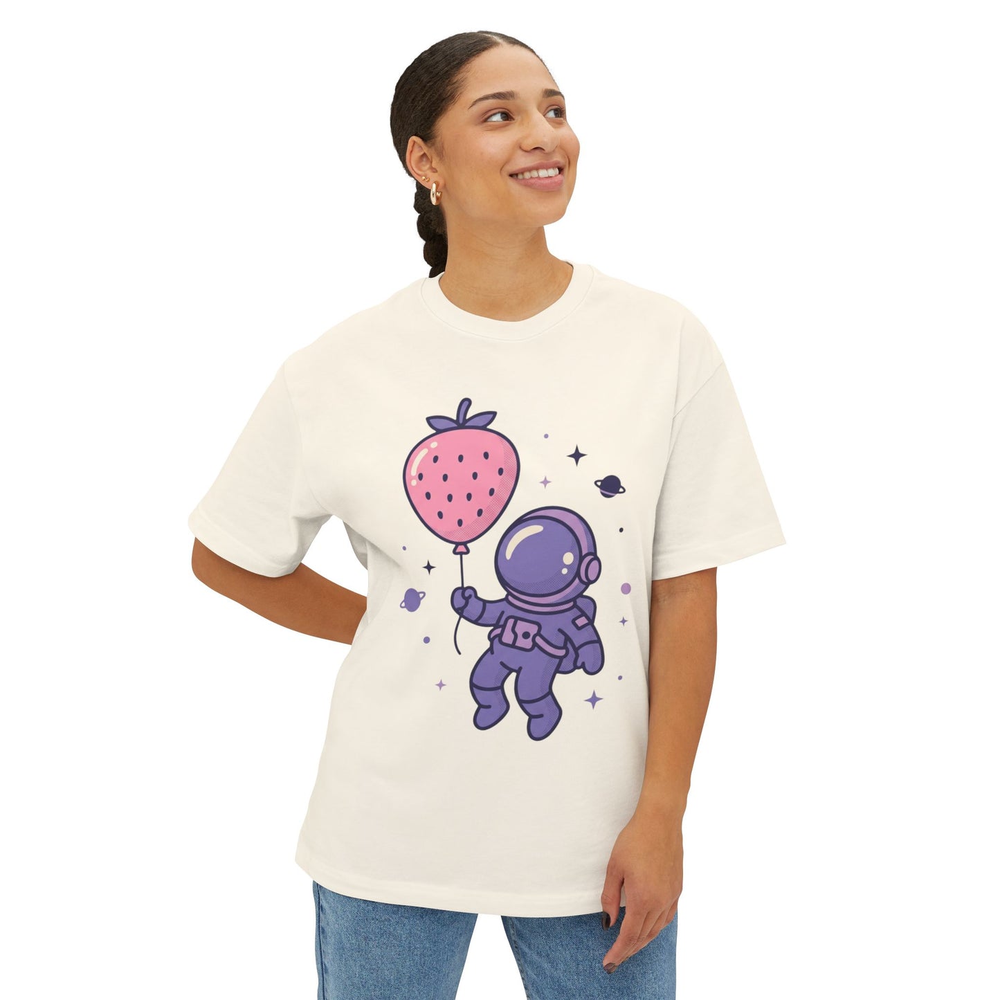 Astronaut Holding Strawberry Balloon Tee — Cute Space Graphic T-Shirt