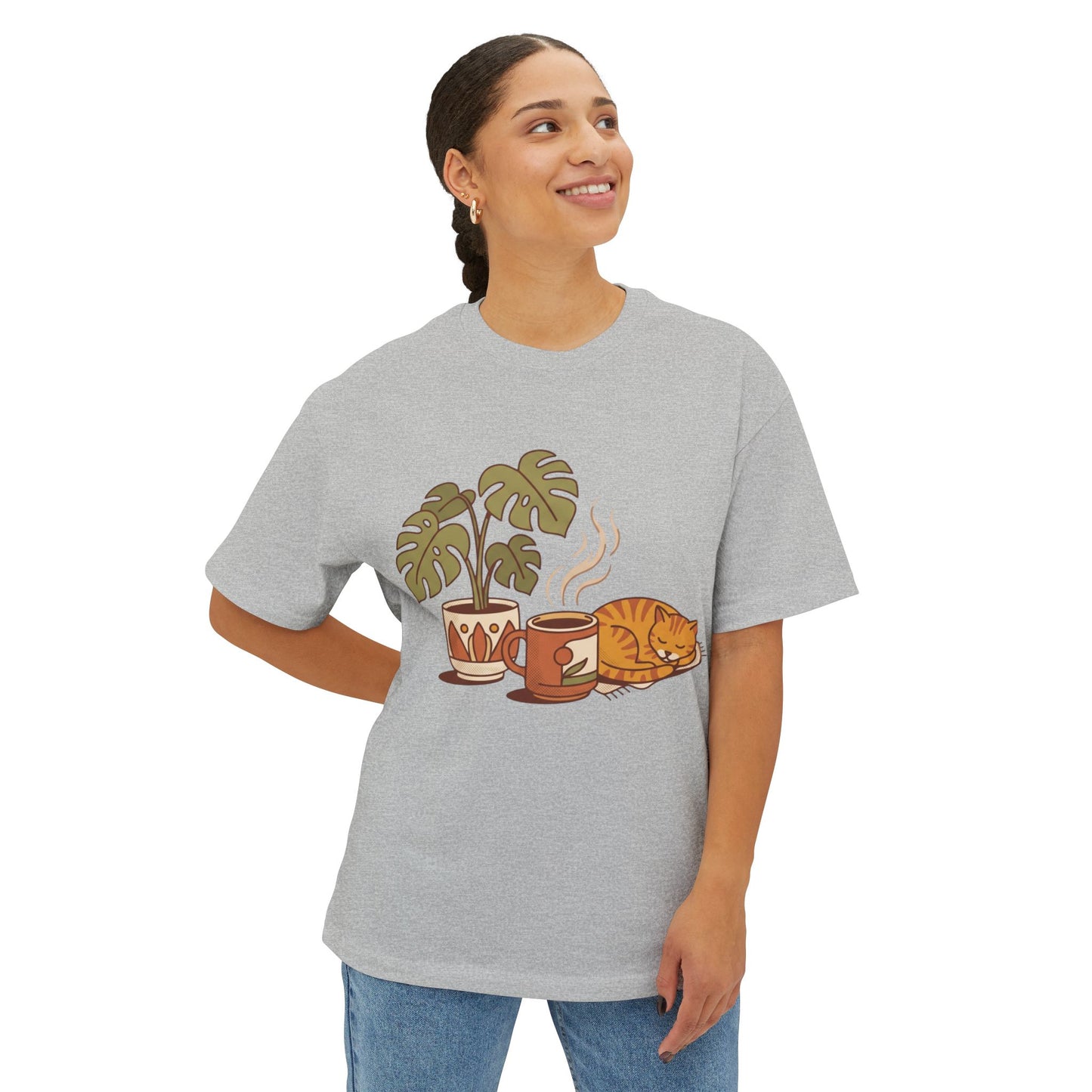 Cozy Cat & Coffee Tee — Cat Sleeping with Plant Graphic Shirt